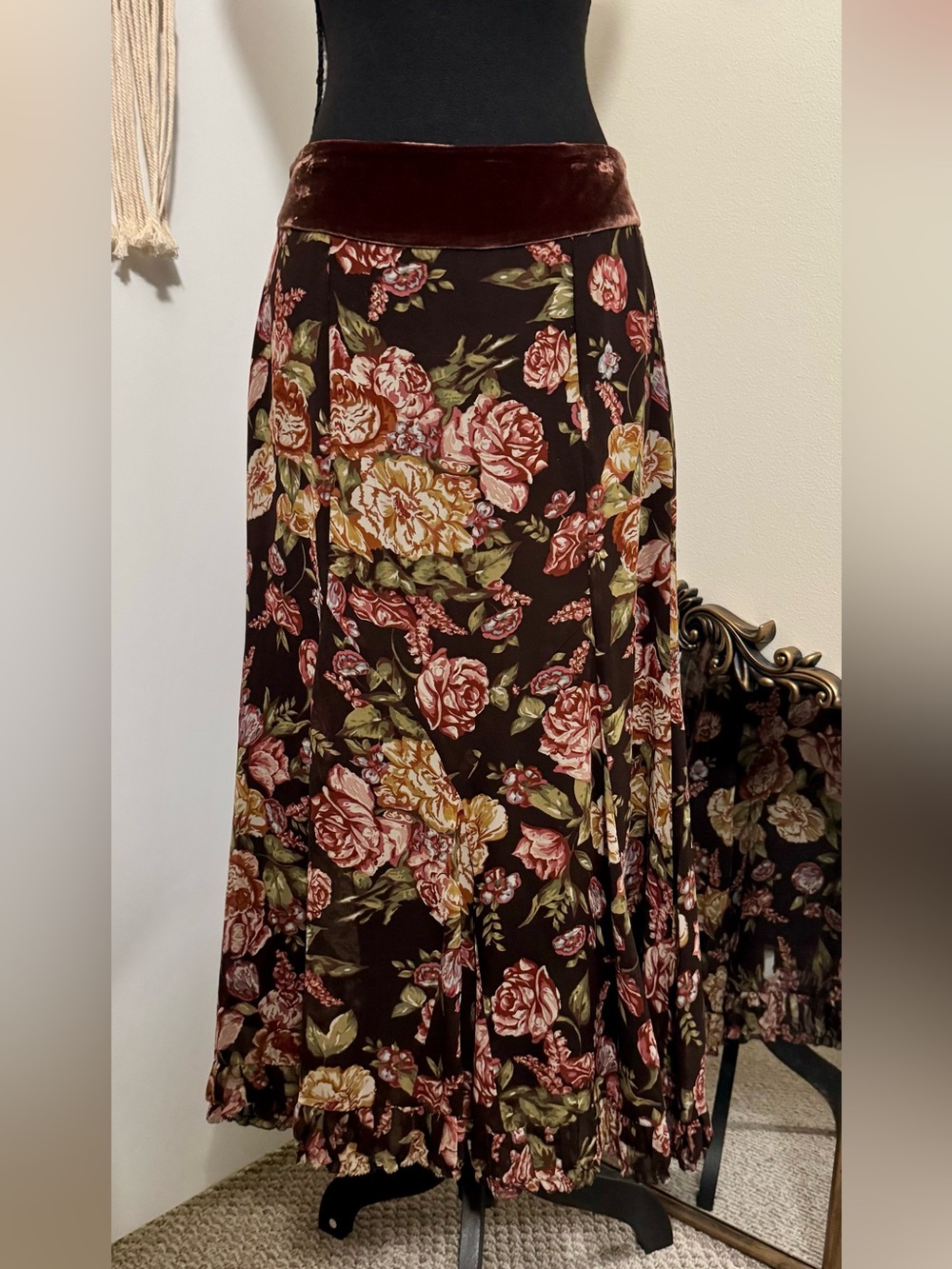CAbi Silk Floral Velvet-Waist Maxi Skirt in Brown, Rose and Green